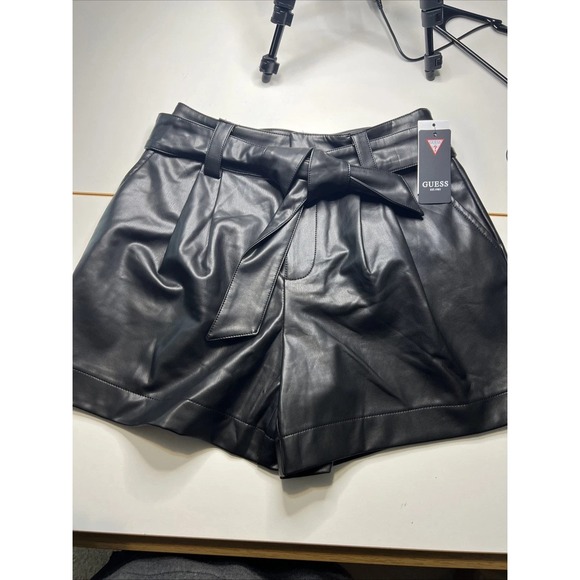 GUESS Mariah PU Leather Shorts Jet Black High Waist Pleated Paper Bag Waist - Picture 3 of 6